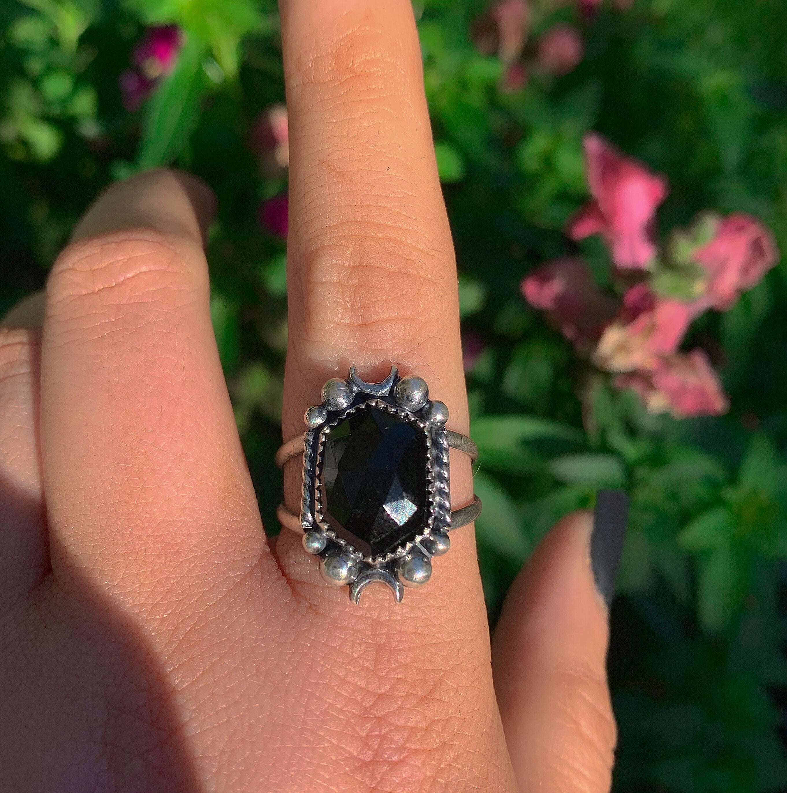 Rose Cut Black Onyx Ring - Size 9 1/4 - Sterling Silver - Hexagonal Onyx Ring - Faceted Onyx Moon Ring, Black Gemstone Crescent Moon Jewelry