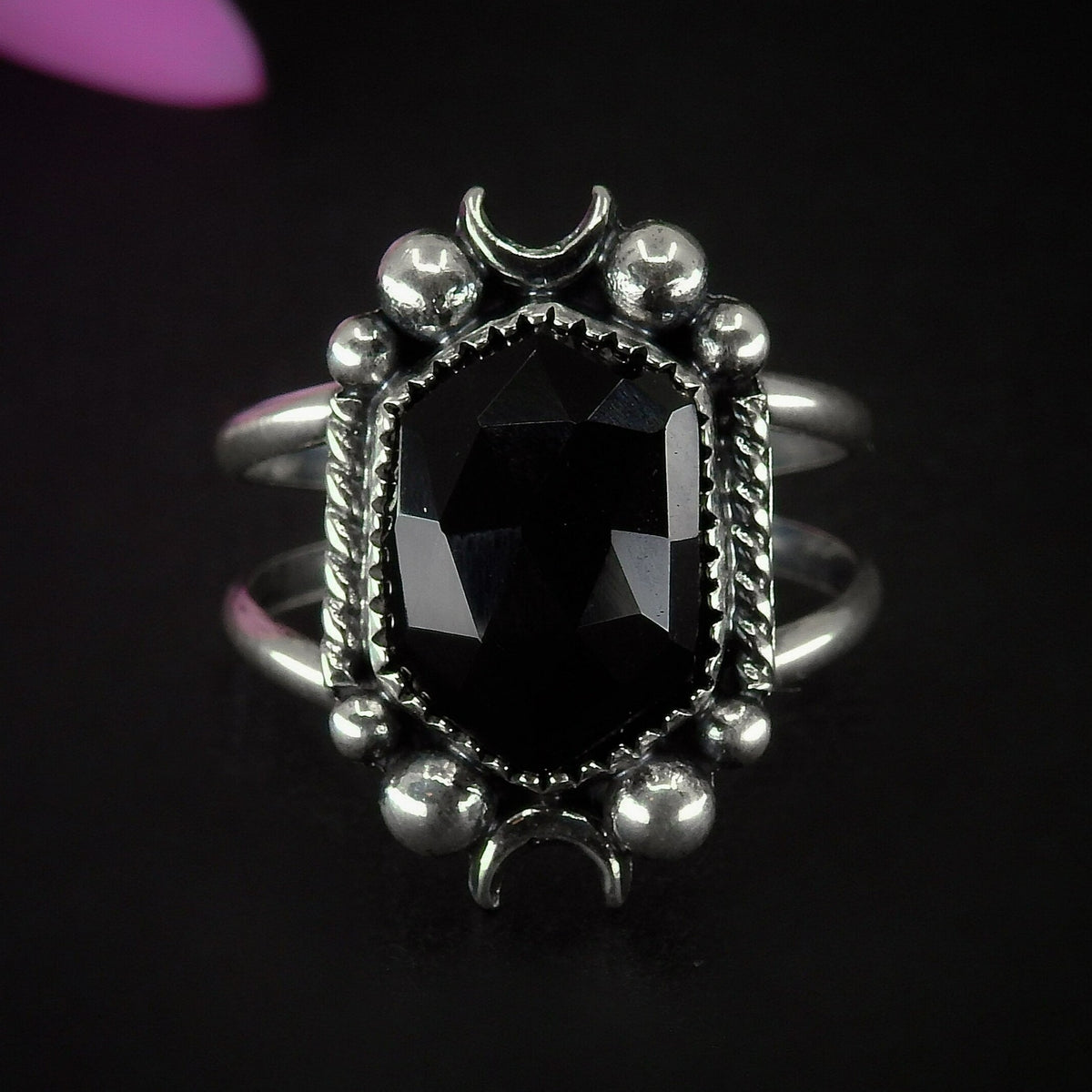 Rose Cut Black Onyx Ring - Size 9 1/4 - Sterling Silver - Hexagonal Onyx Ring - Faceted Onyx Moon Ring, Black Gemstone Crescent Moon Jewelry