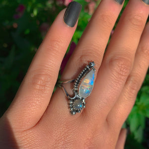 Moonstone & Labradorite Ring - Size 6 - Sterling Silver - Rainbow Moonstone Ring - Blue Labradorite Jewelry - Double Stone Crescent Moon