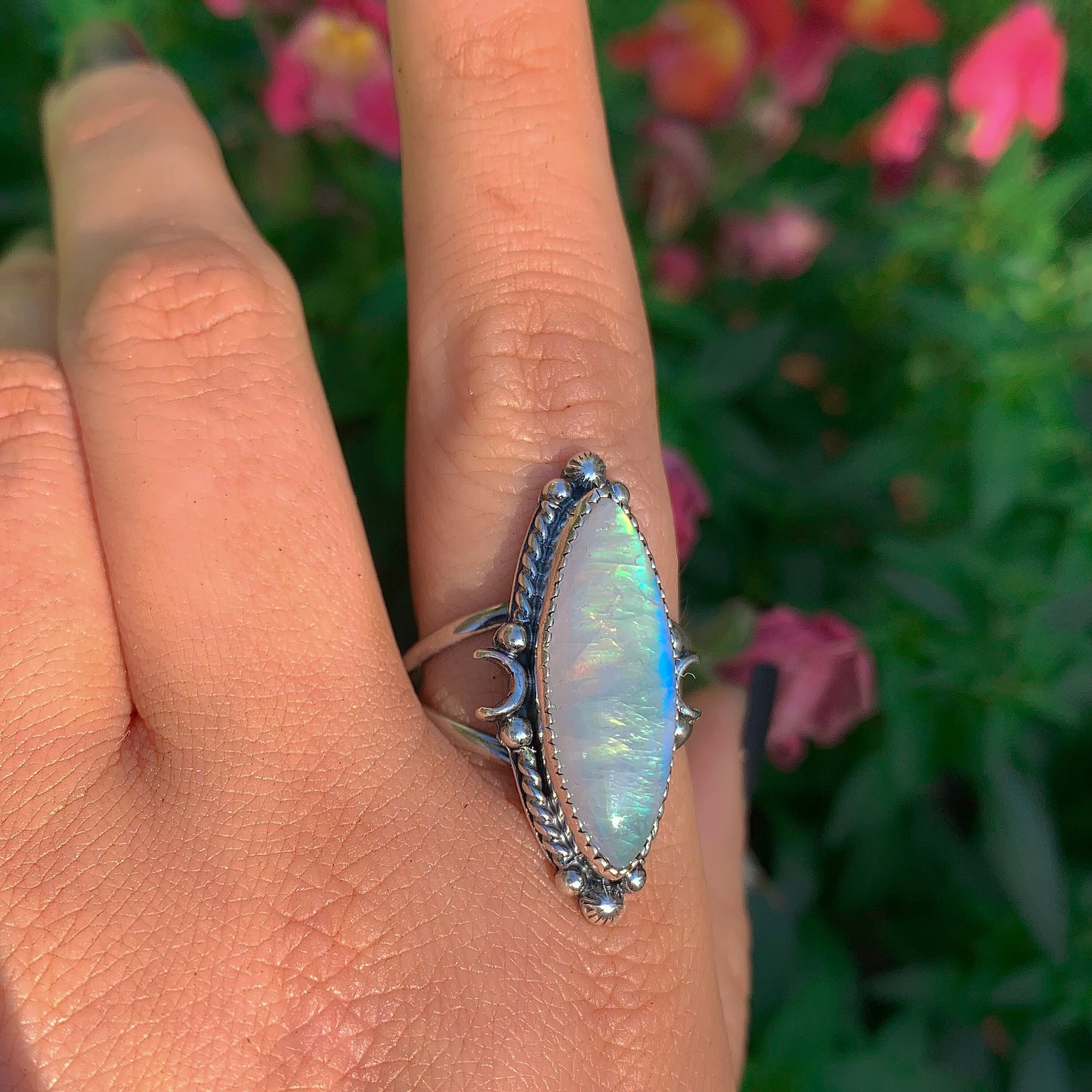 Marquise Moonstone Ring - Size 11 - Sterling Silver - Rainbow Moonstone Jewelry - Flashy Moonstone Jewellery - Crescent Moon Ring Celestial