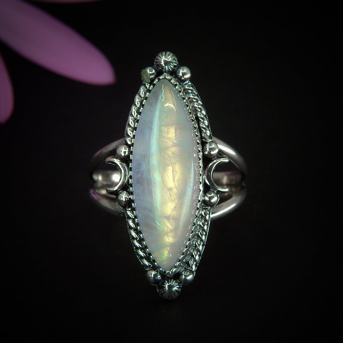 Marquise Moonstone Ring - Size 11 - Sterling Silver - Rainbow Moonstone Jewelry - Flashy Moonstone Jewellery - Crescent Moon Ring Celestial