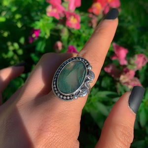 Moss Agate Ring - Size 7 1/4 - Sterling Silver - Moss Agate Statement Ring - Crescent Moon Ring - Tree Agate Leaf Ring, Handmade Forest Ring