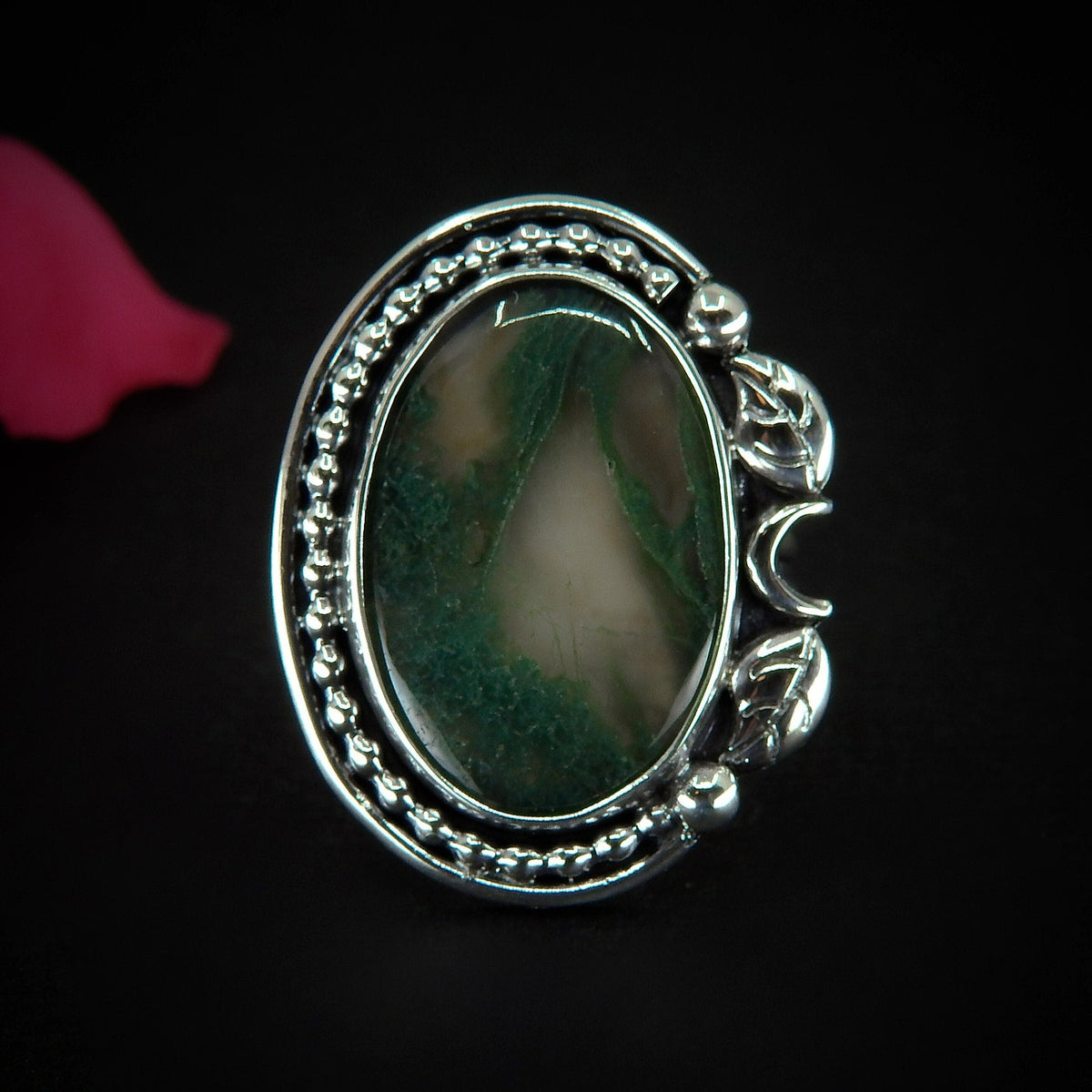 Moss Agate Ring - Size 7 1/4 - Sterling Silver - Moss Agate Statement Ring - Crescent Moon Ring - Tree Agate Leaf Ring, Handmade Forest Ring