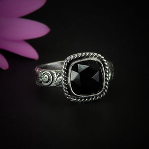 Rose Cut Black Onyx Ring - Size 10 1/4 - Sterling Silver - Square Black Onyx Ring - Thick Band Onyx Jewellery - Black Gemstone Ring - OOAK