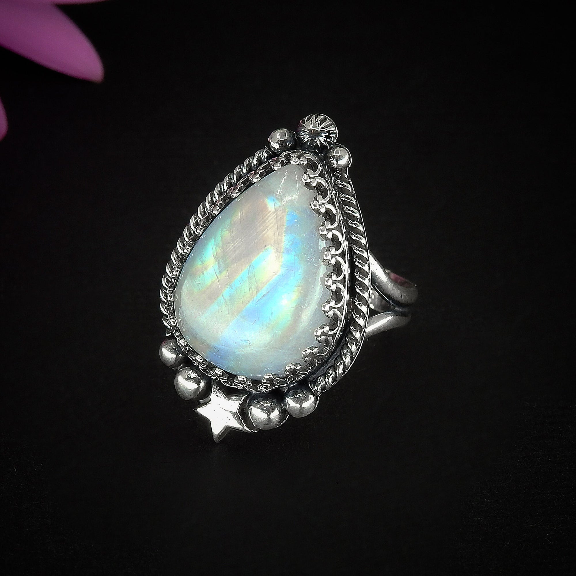 Moonstone Ring - Size 8 1/2 to 8 3/4 - Sterling Silver - Rainbow Moonstone Jewelry - Flashy Moonstone Jewellery - Star Ring Celestial OOK