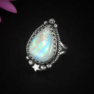 Moonstone Ring - Size 8 1/2 to 8 3/4 - Sterling Silver - Rainbow Moonstone Jewelry - Flashy Moonstone Jewellery - Star Ring Celestial OOK