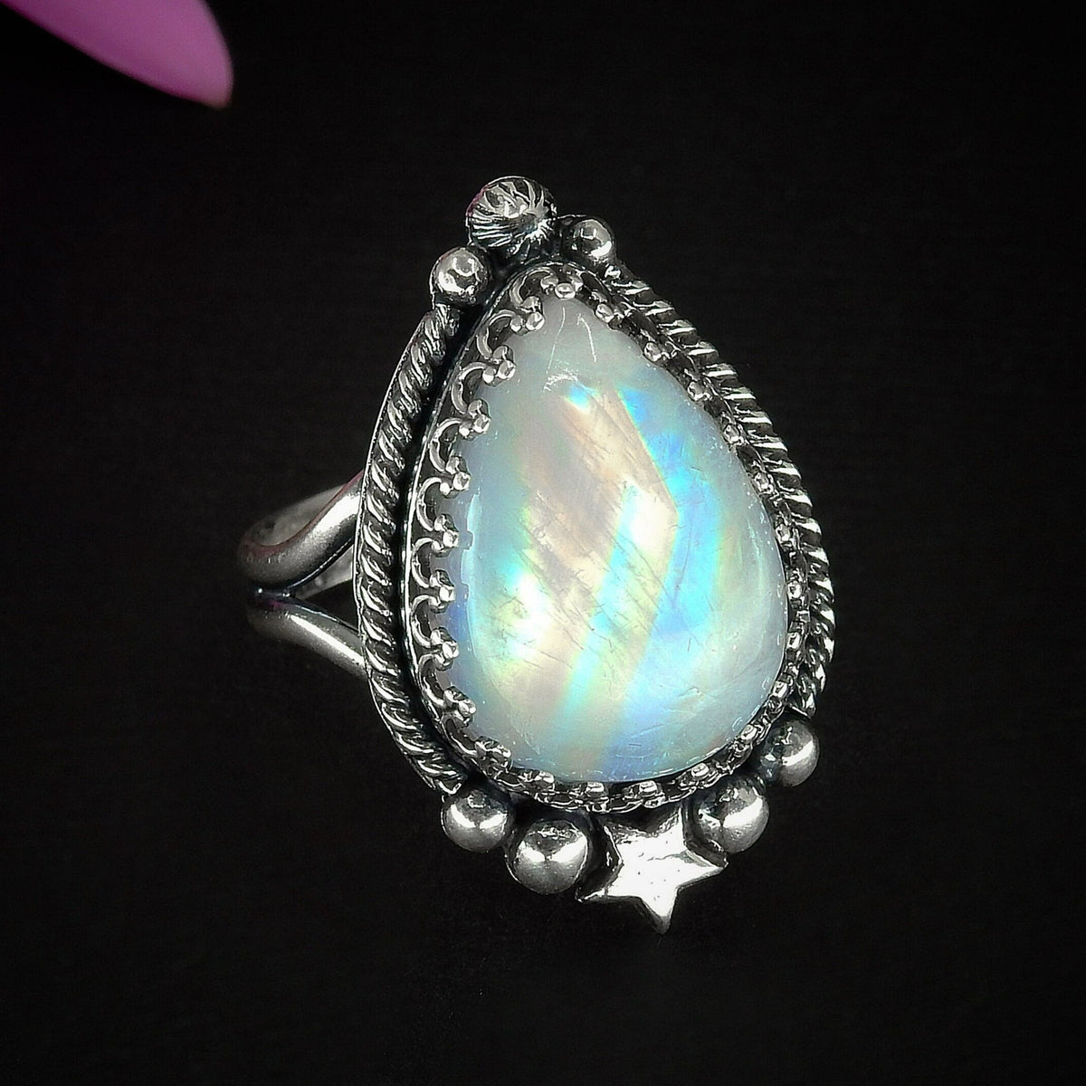 Moonstone Ring - Size 8 1/2 to 8 3/4 - Sterling Silver - Rainbow Moonstone Jewelry - Flashy Moonstone Jewellery - Star Ring Celestial OOK