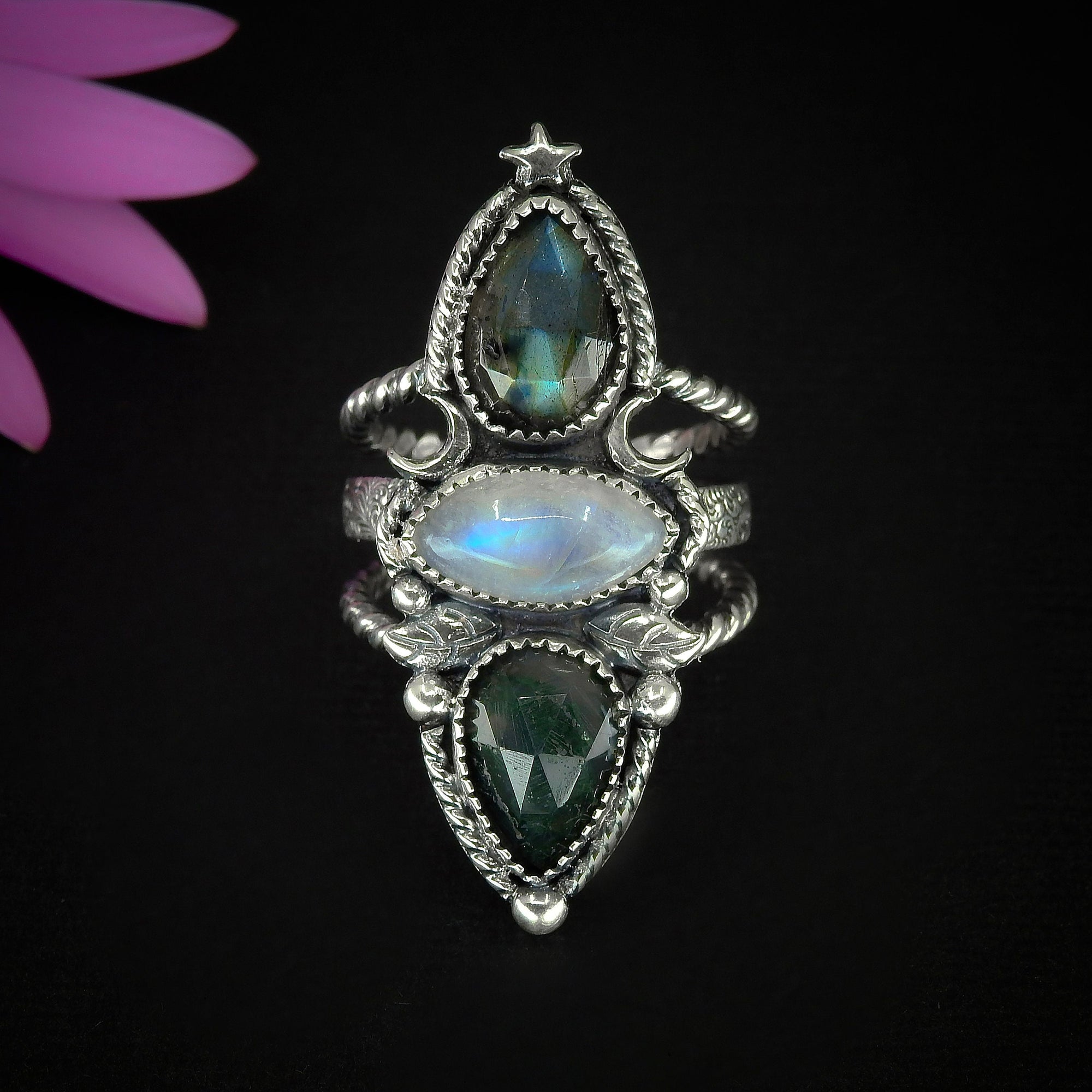 Labradorite, Moonstone Moss Agate Ring Size 1/4