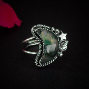 Rose Cut Moss Agate Moon Ring - Size 9 - Sterling Silver - Faceted Moss Agate Jewelry - Leaf Ring - Crescent Moon Tree Agate - Forest Ring