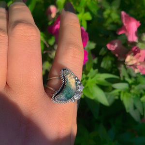Rose Cut Moss Agate Moon Ring - Size 9 - Sterling Silver - Faceted Moss Agate Jewelry - Leaf Ring - Crescent Moon Tree Agate - Forest Ring