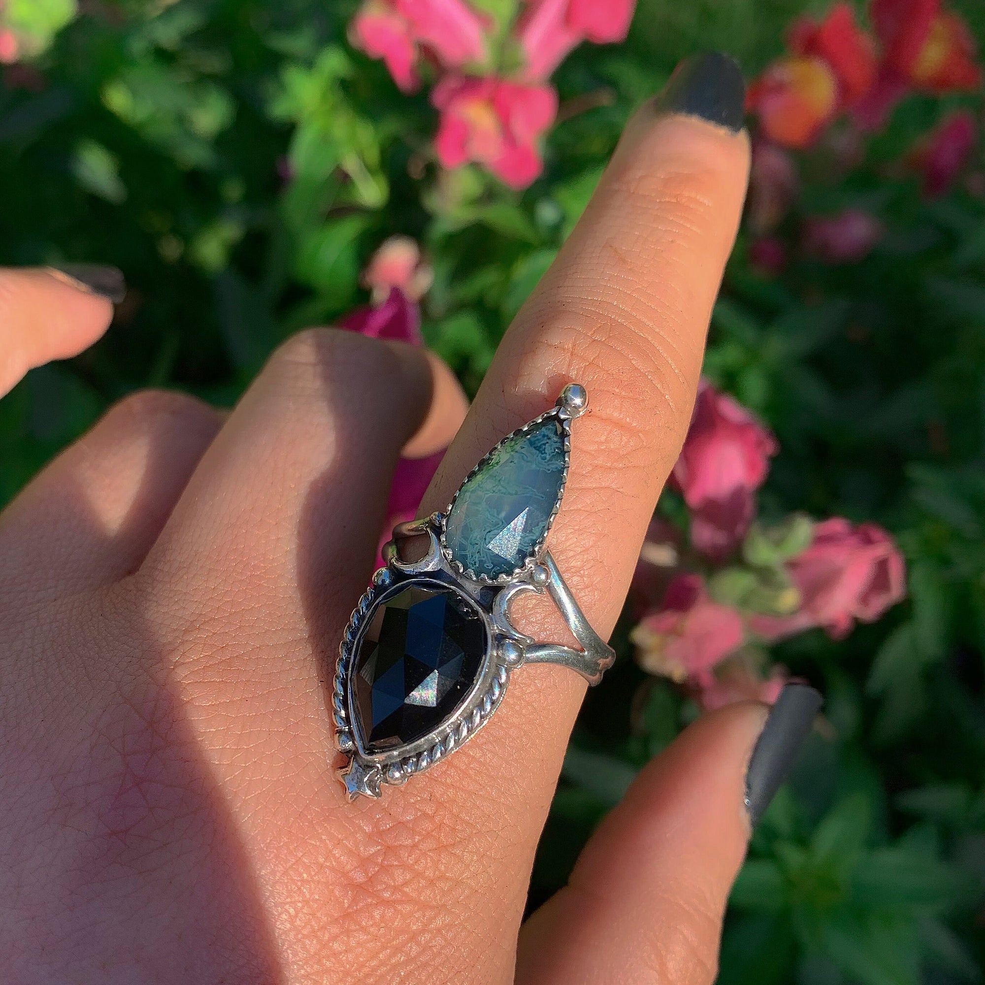 Rose Cut Moss Agate & Black Onyx Ring - Size 11 1/2 - Sterling Silver - Faceted Moss Agate Ring - Crescent Moon Ring - OOAK Forest Jewellery