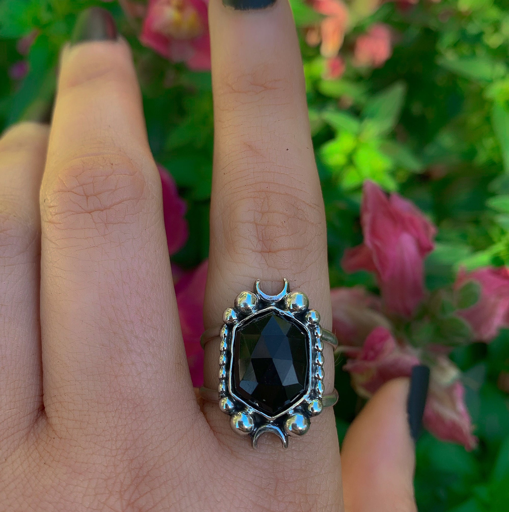 Rose Cut Black Onyx Ring - Size 8 1/2 - Sterling Silver - Hexagonal Onyx Ring - Faceted Onyx Moon Ring, Black Gemstone Crescent Moon Jewelry