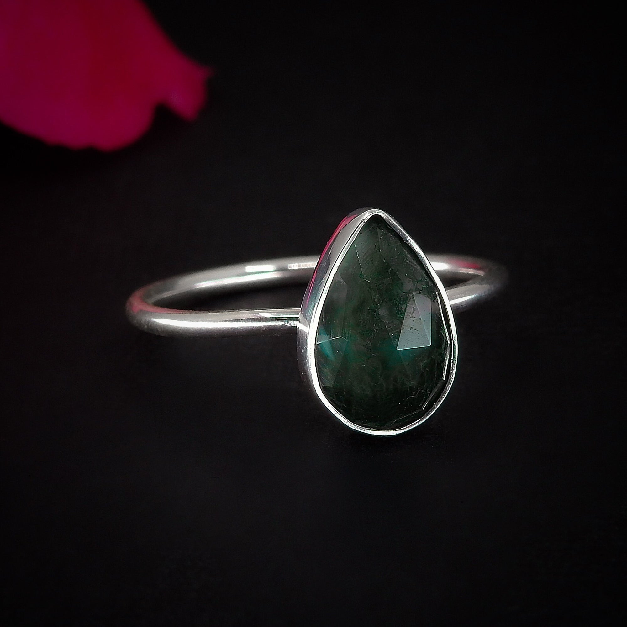 Rose Cut Moss Agate Ring - Size 10 - Sterling Silver - Dainty Moss Agate Jewelry - Faceted Stone Ring - Leaf Ring - Teardrop Tree Agate OOAK