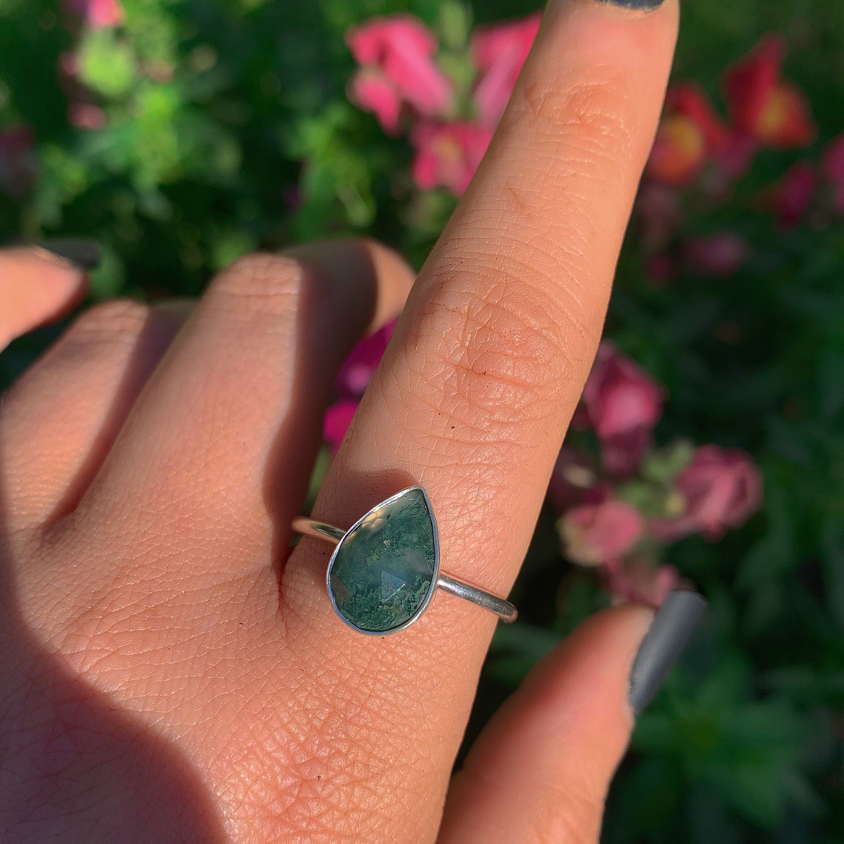 Rose Cut Moss Agate Ring - Size 10 - Sterling Silver - Dainty Moss Agate Jewelry - Faceted Stone Ring - Leaf Ring - Teardrop Tree Agate OOAK