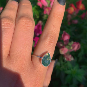 Rose Cut Moss Agate Ring - Size 10 - Sterling Silver - Dainty Moss Agate Jewelry - Faceted Stone Ring - Leaf Ring - Teardrop Tree Agate OOAK