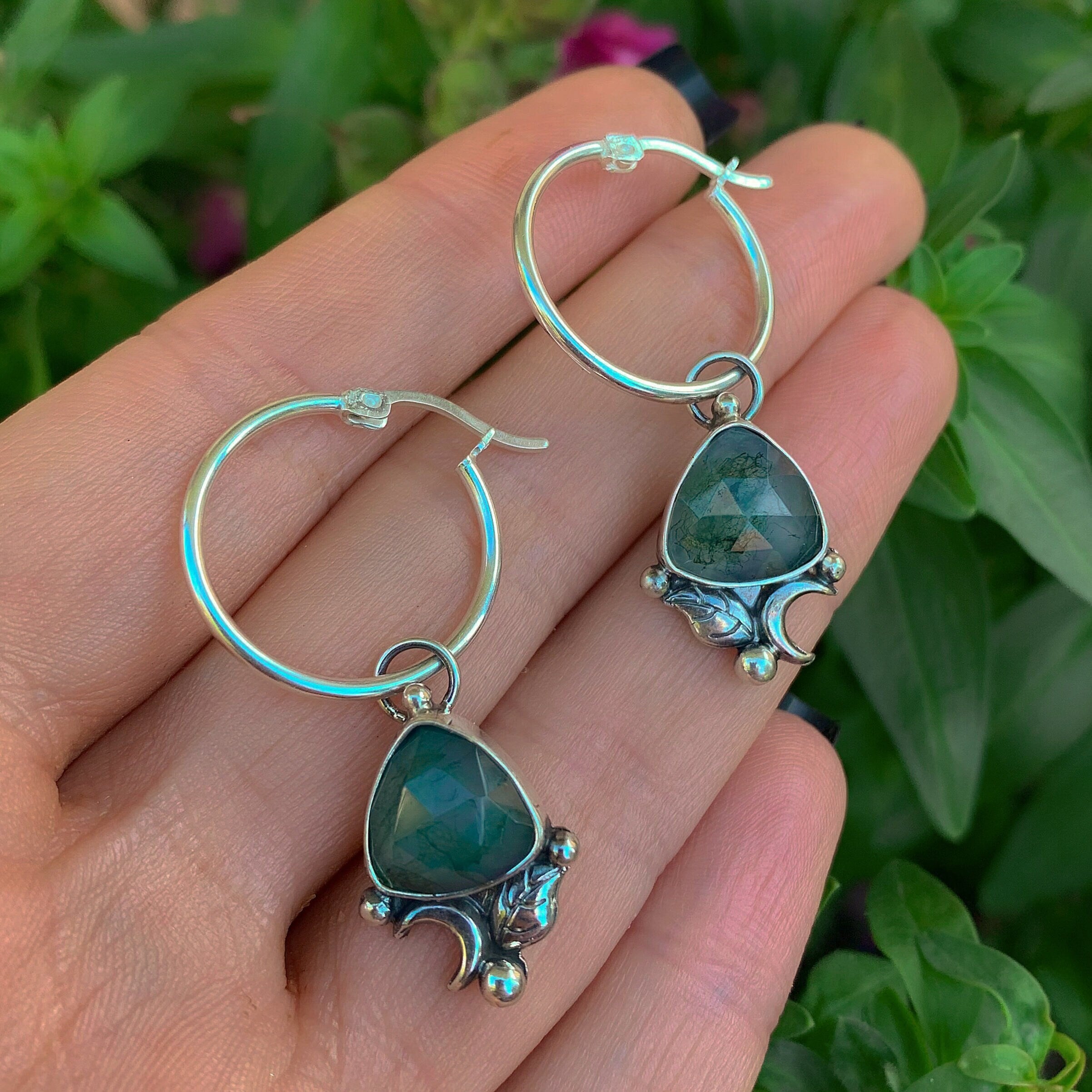 Rose Cut Moss Agate Earrings - Sterling Silver - Trillion Moss Agate Hoop Earrings - Triangle Gemstone Hoops - Crescent Moon Earrings - Leaf