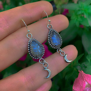Labradorite Leaf Earrings - Sterling Silver - Blue Labradorite Moon Earrings - Gemstone Earrings - Labradorite Dangles - Crescent Moon Hooks