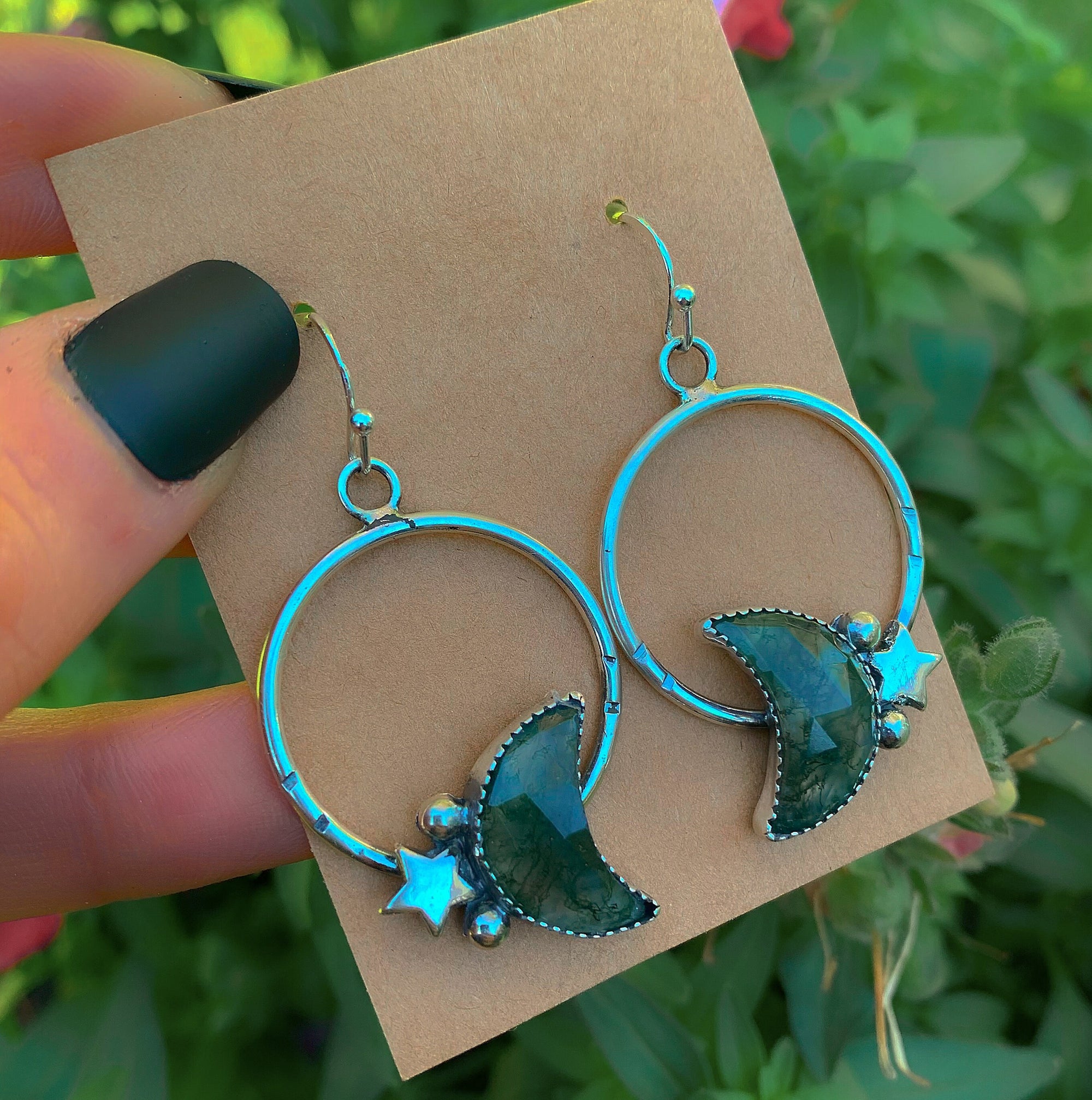Moss Agate Moon Earrings - Sterling Silver - Green Moss Agate Hoop Earrings - Crescent Moon Moss Agate Dangles - Star Hook Earrings OOAK