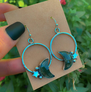 Moss Agate Moon Earrings - Sterling Silver - Green Moss Agate Hoop Earrings - Crescent Moon Moss Agate Dangles - Star Hook Earrings OOAK