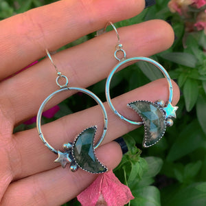 Moss Agate Moon Earrings - Sterling Silver - Green Moss Agate Hoop Earrings - Crescent Moon Moss Agate Dangles - Star Hook Earrings OOAK