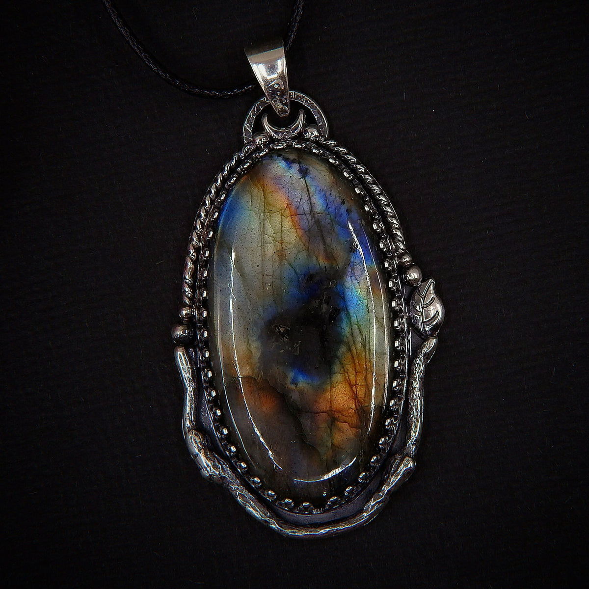 Labradorite Pendant - Sterling Silver - Rainbow Labradorite Necklace - Twig Pendant - Leaf Gemstone Jewellery - Labradorite Statement OOAK