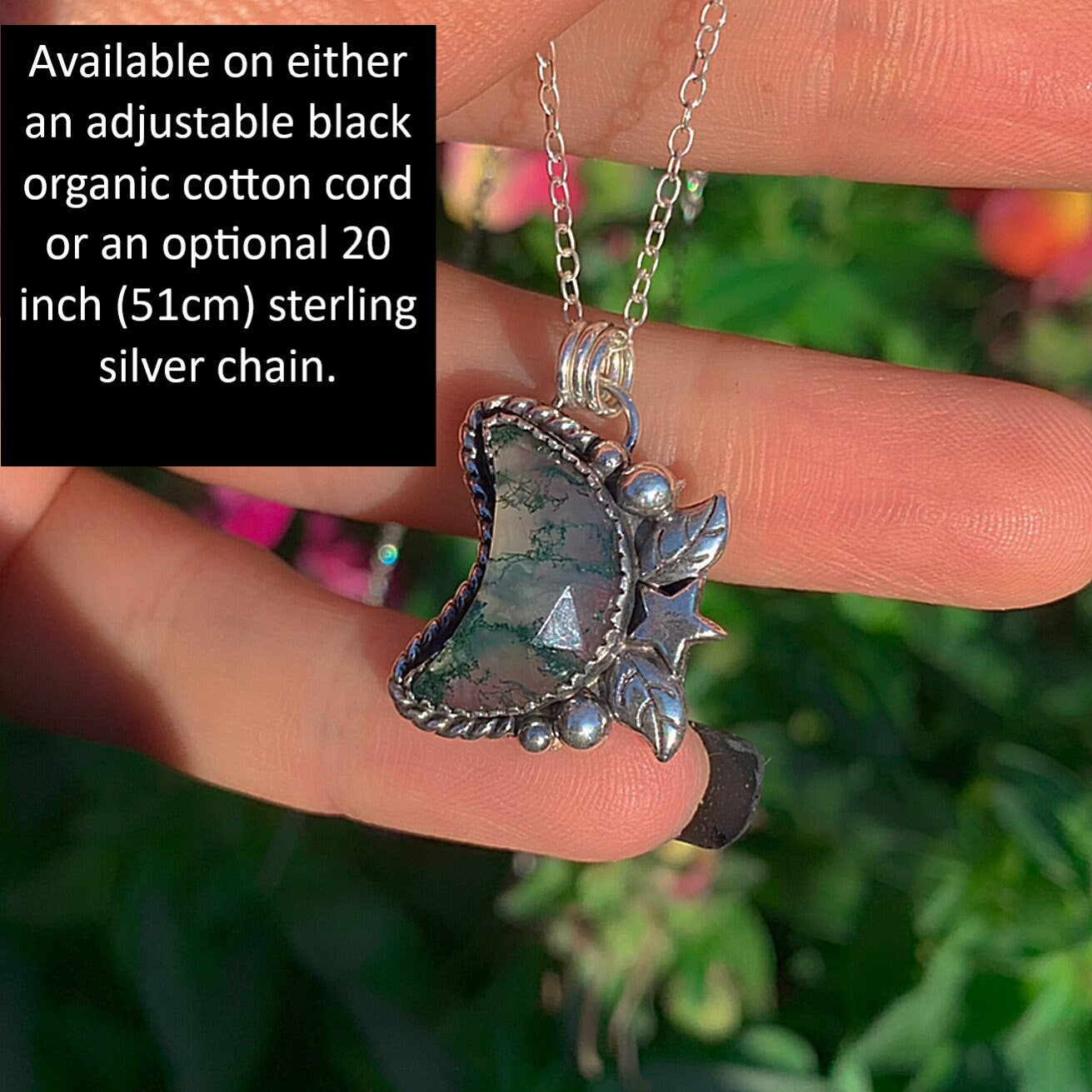 Moss Agate Moon Pendant - Sterling Silver - Rose Cut Moss Agate Necklace - Faceted Moss Agate Crescent Moon - Leaf Gemstone Star Pendant