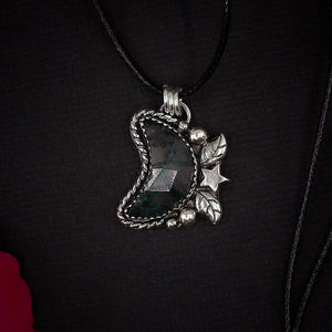 Moss Agate Moon Pendant - Sterling Silver - Rose Cut Moss Agate Necklace - Faceted Moss Agate Crescent Moon - Leaf Gemstone Star Pendant