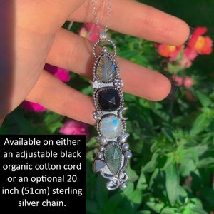Labradorite, Black Onyx, Moonstone & Moss Agate Pendant - Sterling Silver - Forest Necklace - Toadstool Pendant - Leaf Mushroom Multi Stone