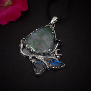 Moss Agate & Labradorite Pendant - Sterling Silver - Forest Necklace - Toadstool Pendant - Moss Agate Pendant - Branch Leaf and Twig OOAK