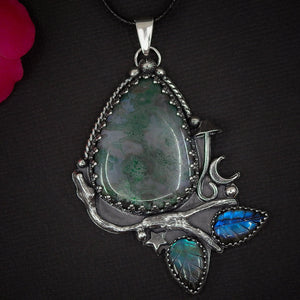 Moss Agate & Labradorite Pendant - Sterling Silver - Forest Necklace - Toadstool Pendant - Moss Agate Pendant - Branch Leaf and Twig OOAK