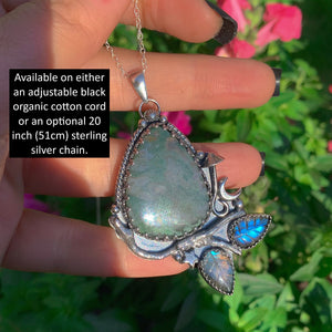 Moss Agate & Labradorite Pendant - Sterling Silver - Forest Necklace - Toadstool Pendant - Moss Agate Pendant - Branch Leaf and Twig OOAK