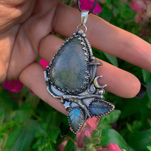 Moss Agate & Labradorite Pendant - Sterling Silver - Forest Necklace - Toadstool Pendant - Moss Agate Pendant - Branch Leaf and Twig OOAK