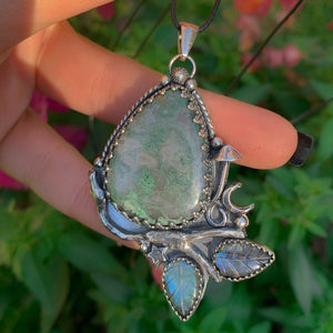 Moss Agate & Labradorite Pendant - Sterling Silver - Forest Necklace - Toadstool Pendant - Moss Agate Pendant - Branch Leaf and Twig OOAK