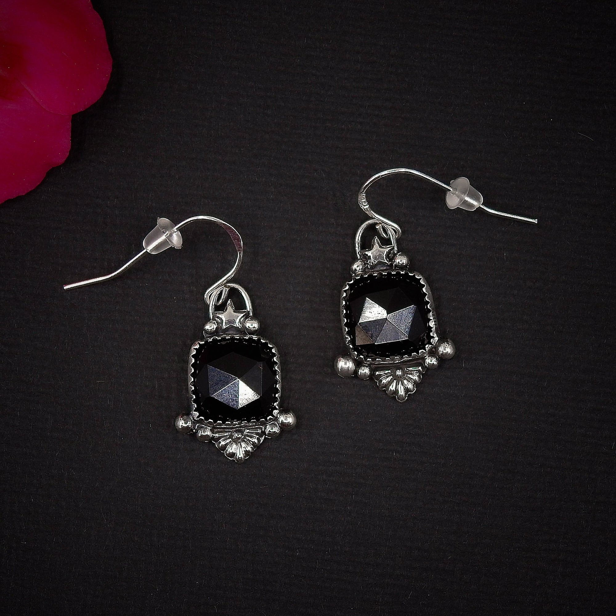 Rose Cut Black Onyx Earrings - Sterling Silver - Faceted Black Onyx Star Earrings - Square Black Onyx Gemstone Dangles, Black Stone Earrings