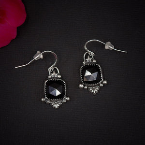Rose Cut Black Onyx Earrings - Sterling Silver - Faceted Black Onyx Star Earrings - Square Black Onyx Gemstone Dangles, Black Stone Earrings