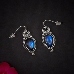 Labradorite Moon Earrings - Sterling Silver - Blue Labradorite Star Earrings - Gemstone Earrings - Labradorite Dangles - Crescent Moon Hooks
