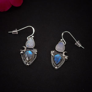 Rose Cut Labradorite & Moonstone Earrings - Sterling Silver - Labradorite Earrings, Crescent Moon Earrings, Rainbow Moonstone Flower Dangles