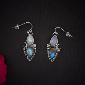 Rose Cut Labradorite & Moonstone Earrings - Sterling Silver - Labradorite Earrings, Crescent Moon Earrings, Rainbow Moonstone Flower Dangles