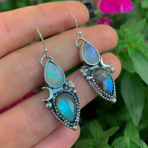 Rose Cut Labradorite & Moonstone Earrings - Sterling Silver - Labradorite Earrings, Crescent Moon Earrings, Rainbow Moonstone Flower Dangles