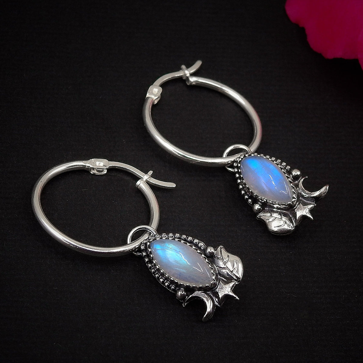 Moonstone Earrings - Sterling Silver - Moonstone Hoop Earrings - Moonstone Star Sleeper Earrings, Moonstone Hoops, Star Moonstone Sleepers