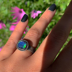 Rose Cut Clear Quartz & Aurora Opal Ring - Size 6 1/4 - Sterling Silver - Rainbow Opal Jewellery - Thick Floral Ring Band Rainbow Crystal