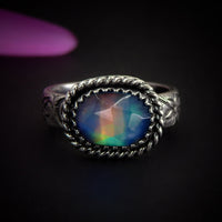Rose Cut Clear Quartz & Aurora Opal Ring - Size 6 1/4 - Sterling Silver - Rainbow Opal Jewellery - Thick Floral Ring Band Rainbow Crystal
