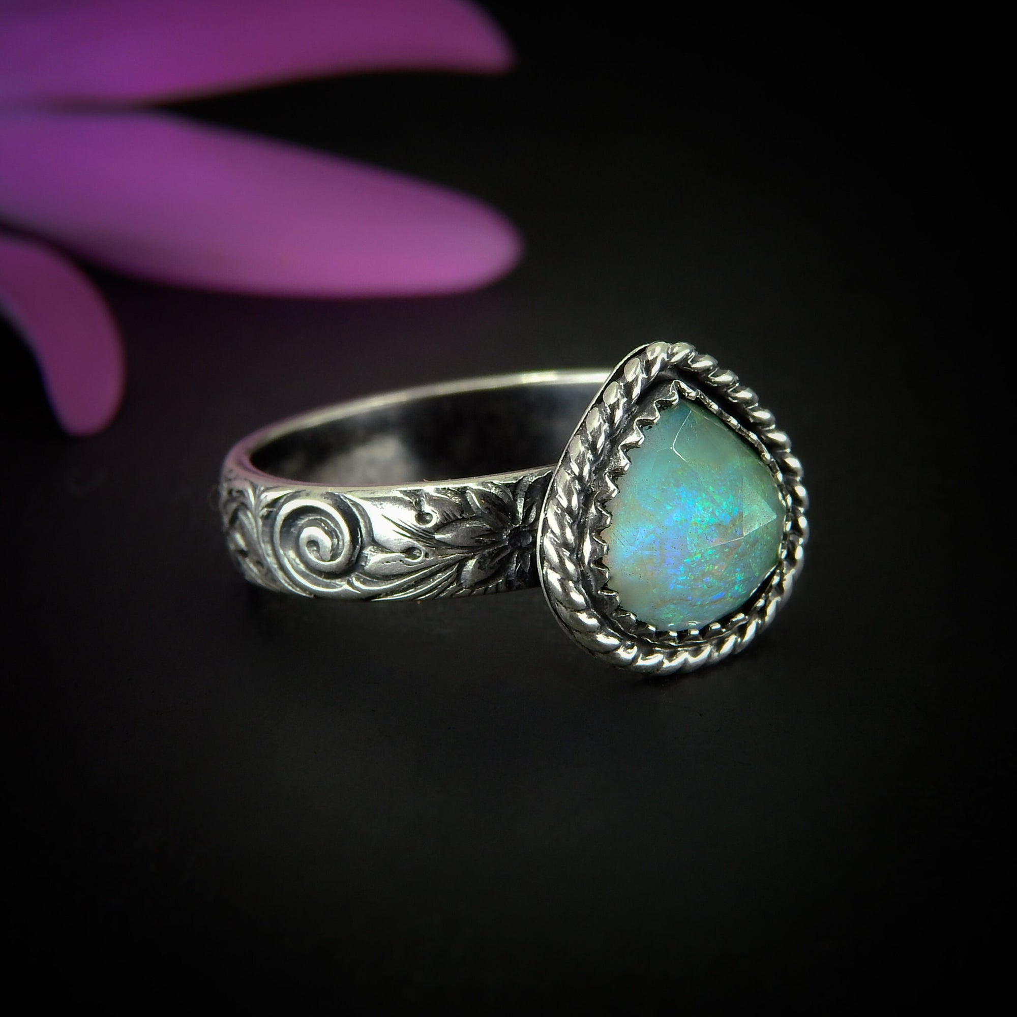 Rose Cut Clear Quartz & Monarch Opal Ring - Size 11 1/4 - Sterling Silver - Rainbow Opal Jewellery - Thick Floral Ring Band Rainbow Crystal