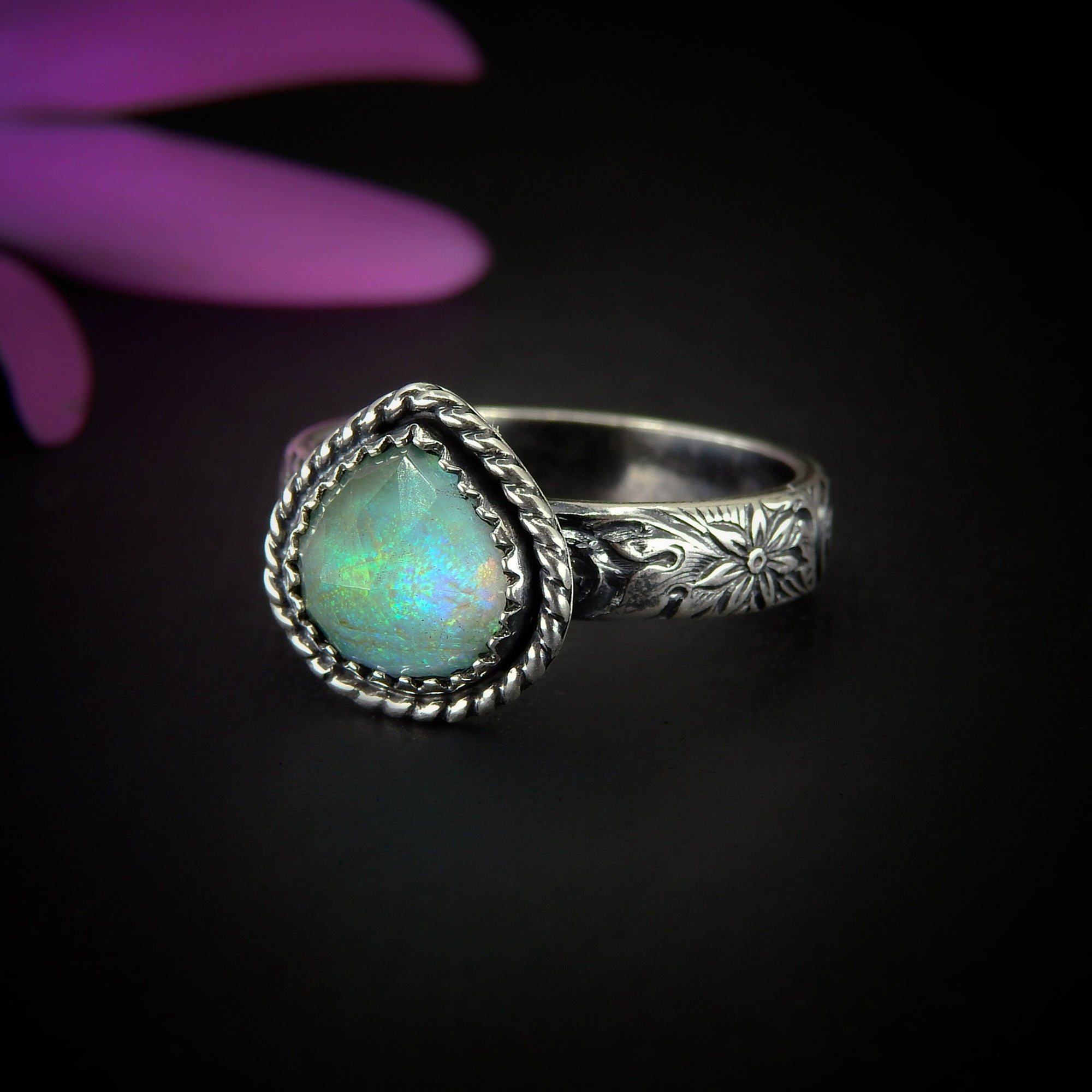 Rose Cut Clear Quartz & Monarch Opal Ring - Size 11 1/4 - Sterling Silver - Rainbow Opal Jewellery - Thick Floral Ring Band Rainbow Crystal