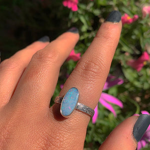 Australian Opal Ring - Size 9 to 9 1/4 - Sterling Silver - Lightning Ridge Opal Ring, Dainty Opal Jewelry, Blue Australian Opal Jewelry
