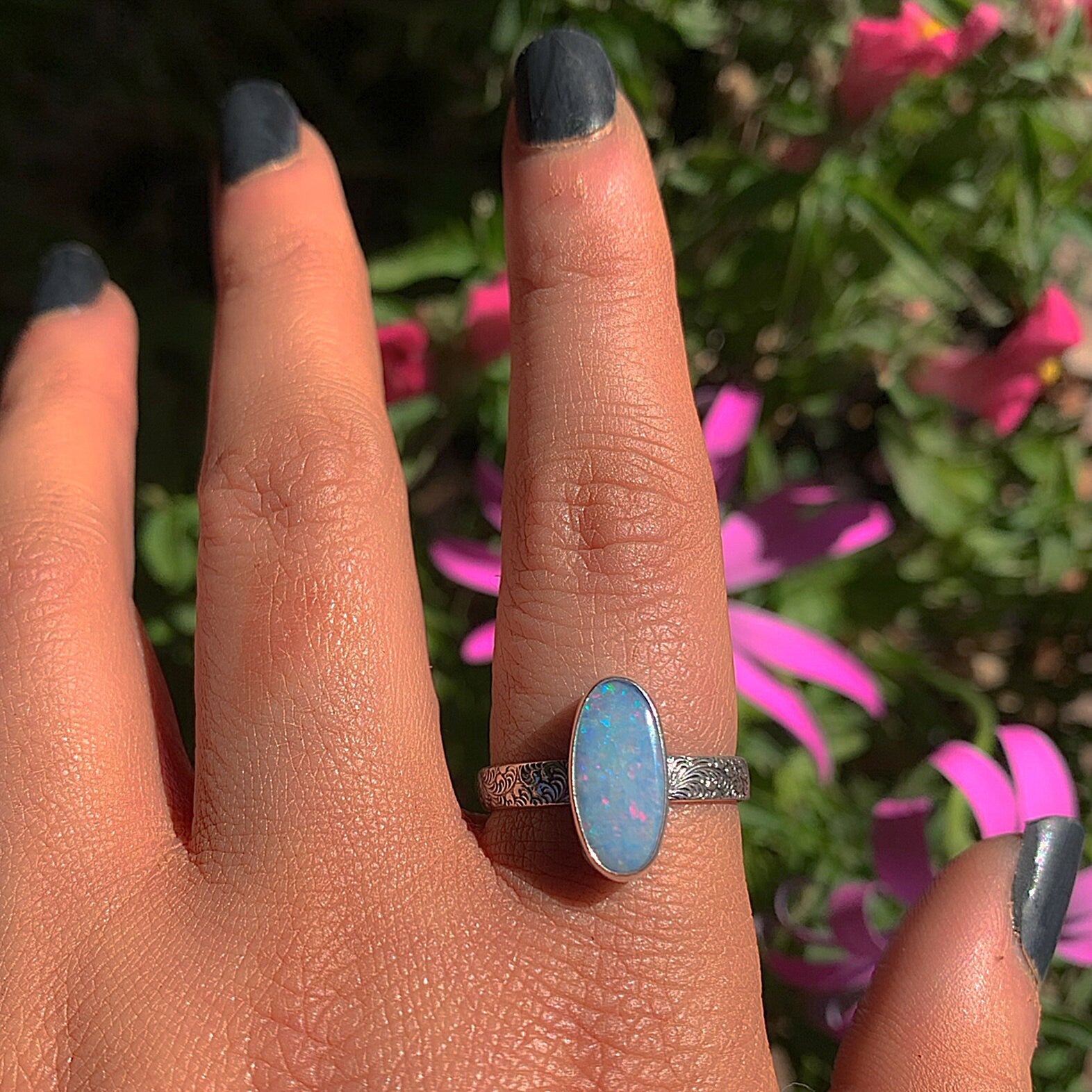 Australian Opal Ring - Size 9 to 9 1/4 - Sterling Silver - Lightning Ridge Opal Ring, Dainty Opal Jewelry, Blue Australian Opal Jewelry