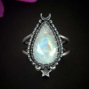 Moonstone Ring - Size 9 1/4 - Sterling Silver - Rainbow Moonstone Jewelry - High Grade Moonstone Jewellery - Star & Crescent Moon Ring OOAK