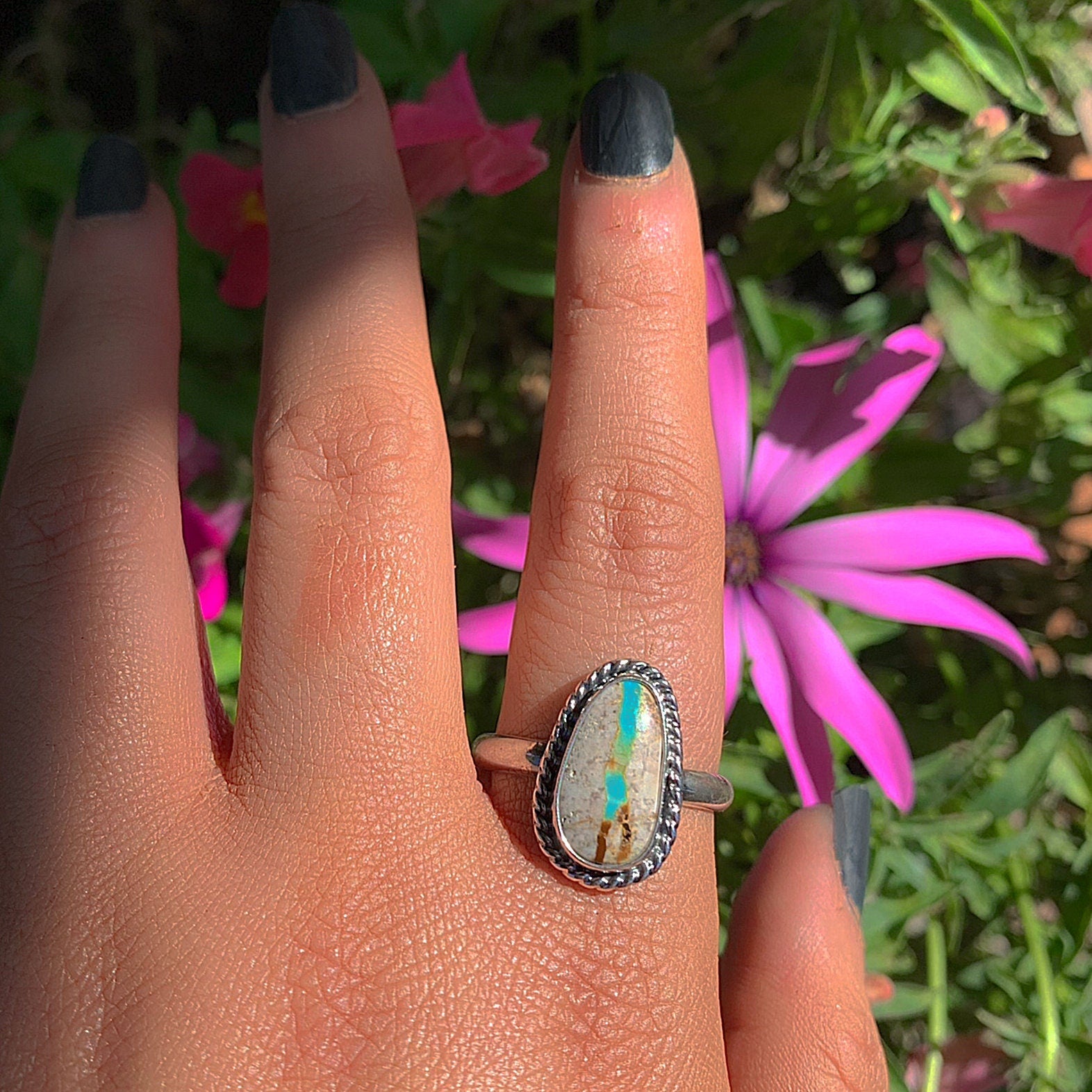 Stone Mountain Ribbon Turquoise Ring - Size 11 1/4 to 11 1/2 - Sterling Silver - Stone Mountain Turquoise Jewelry - Genuine Turquoise Ring
