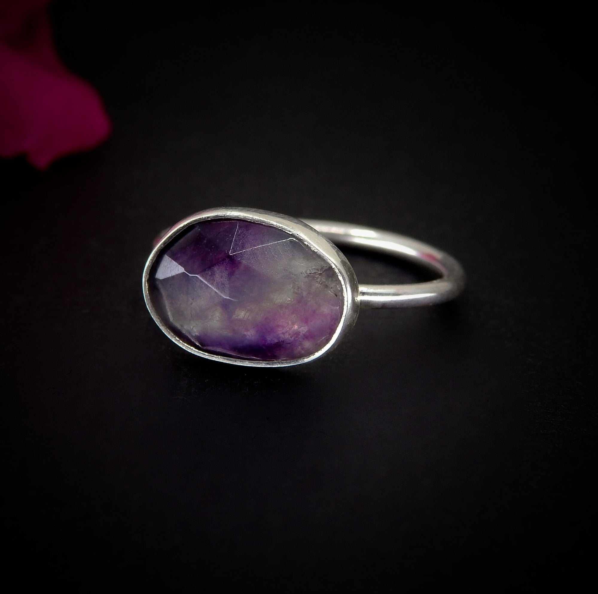 Rose Cut Fluorite Ring - Size 8 - Sterling Silver - Faceted Fluorite Jewelry - Rainbow Fluorite Ring - OOAK Dainty Flurorite Jewellery