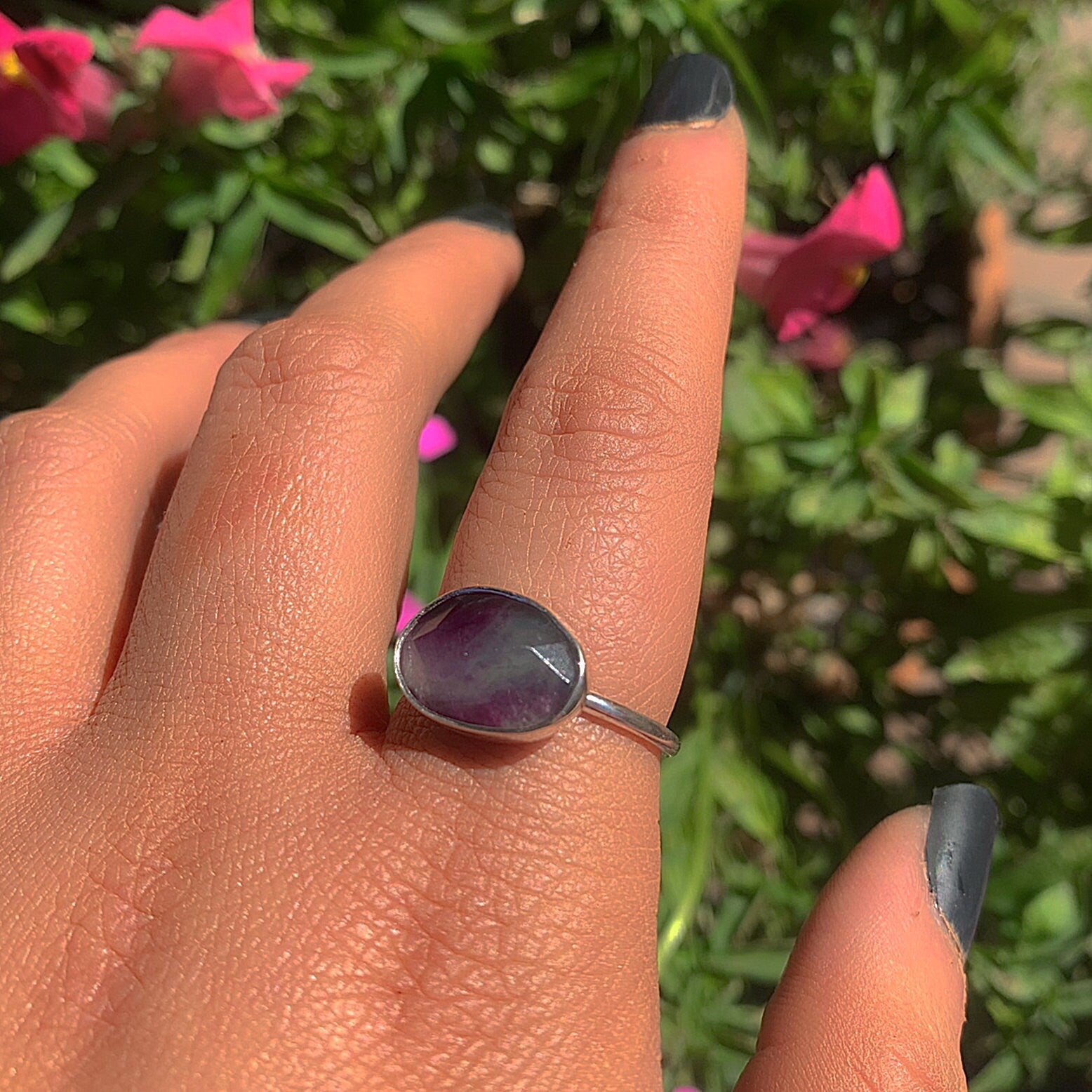 Rose Cut Fluorite Ring - Size 8 - Sterling Silver - Faceted Fluorite Jewelry - Rainbow Fluorite Ring - OOAK Dainty Flurorite Jewellery